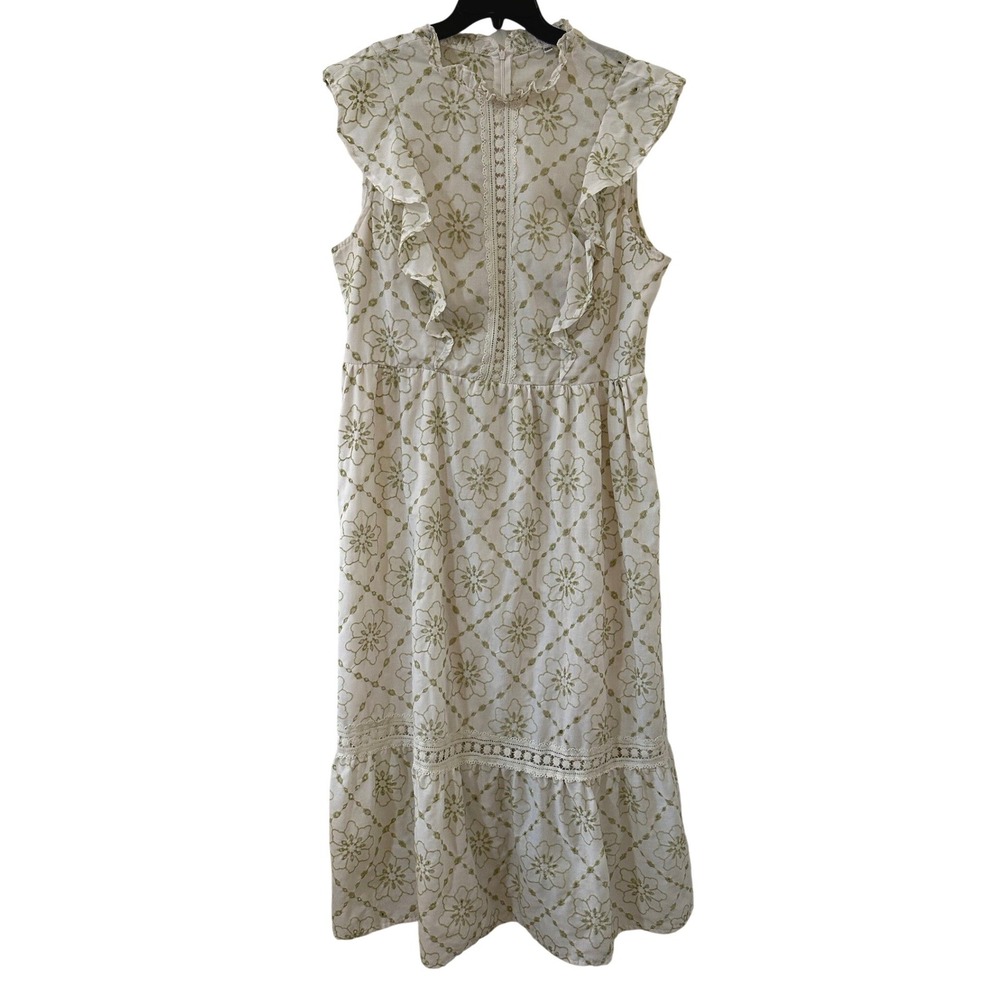 Cottagecore Green Floral Eyelet Ruffle Midi Dress White Lace Trim Tiered 3XL